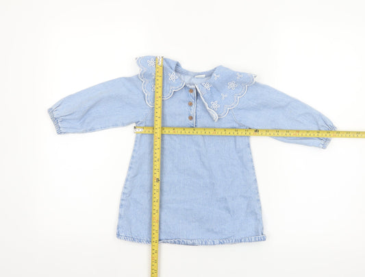 Next Girls Blue Cotton Long Sleeve Embroidered Collar Shirt Dress 18-24 Months