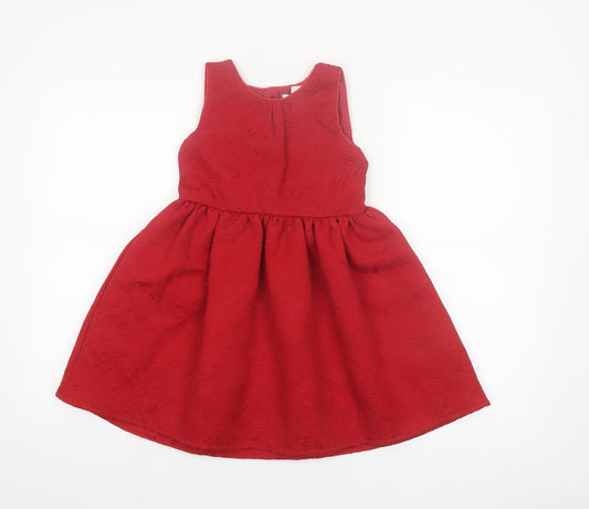 Primark Girls Red Jacquard Bow Party Dress 6-7 Years Sleeveless A-Line