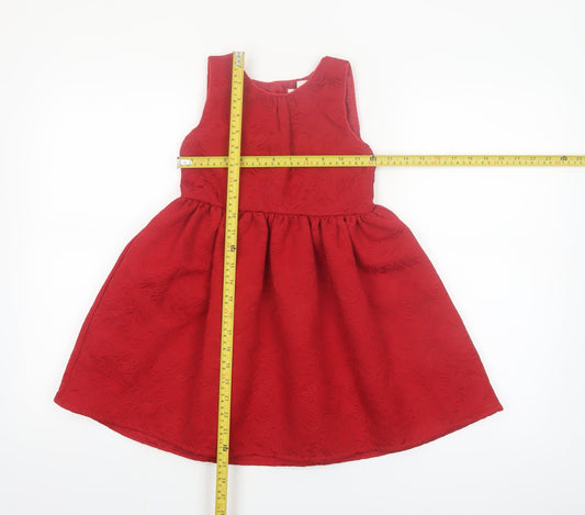 Primark Girls Red Jacquard Bow Party Dress 6-7 Years Sleeveless A-Line