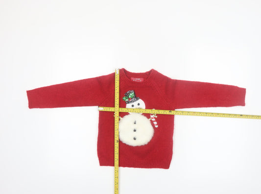 F&F Girls Red Christmas Snowman Jumper 4-5 Years Sequin & Fluffy Design