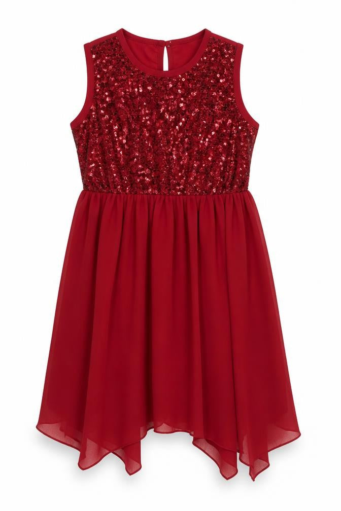 SHEIN Girls Red Sequin Chiffon Party Hi-Low Dress 11 Years
