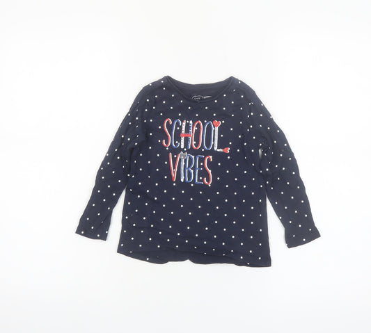 Little Kids Girls Blue Polka Dot Long Sleeve School Vibes Cotton T-Shirt 3-4 Years
