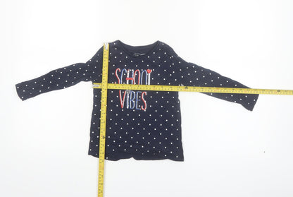 Little Kids Girls Blue Polka Dot Long Sleeve School Vibes Cotton T-Shirt 3-4 Years