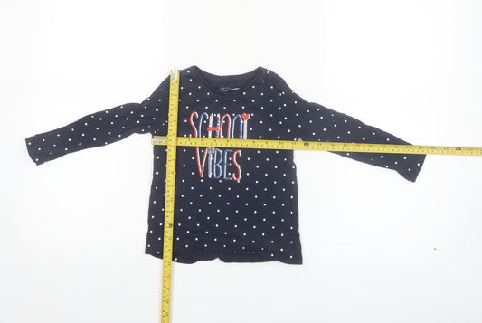 Little Kids Girls Blue Polka Dot Long Sleeve School Vibes Cotton T-Shirt 3-4 Years