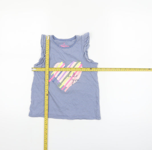 Next Girls Blue Striped Sleeveless Ruffle Cotton T-Shirt 7-8 Years
