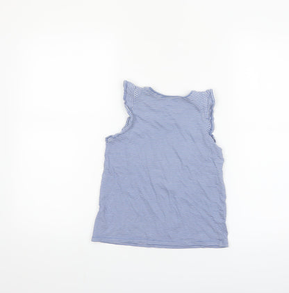 Next Girls Blue Striped Sleeveless Ruffle Cotton T-Shirt 7-8 Years