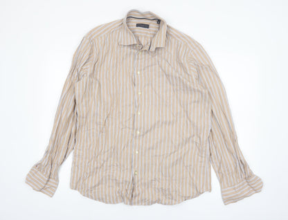 Tommy Hilfiger Mens Beige Striped Long Sleeve Cotton Shirt 16in