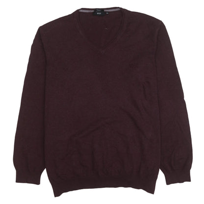 BOSS Mens Brown 2XL V-Neck Wool Cotton Pullover Jumper