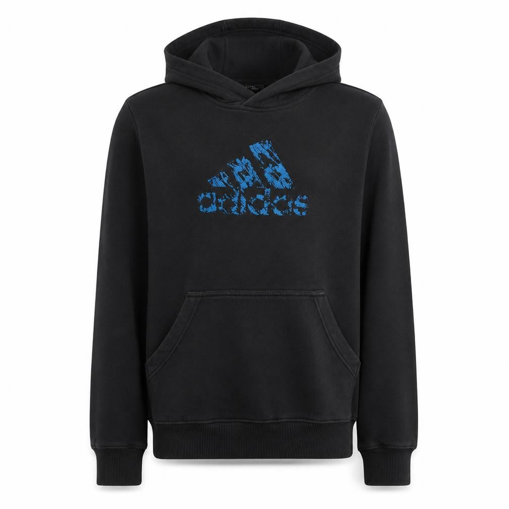 Front view of Adidas boys’ black pullover hoodie, size 164, fleece logo sweatshirt