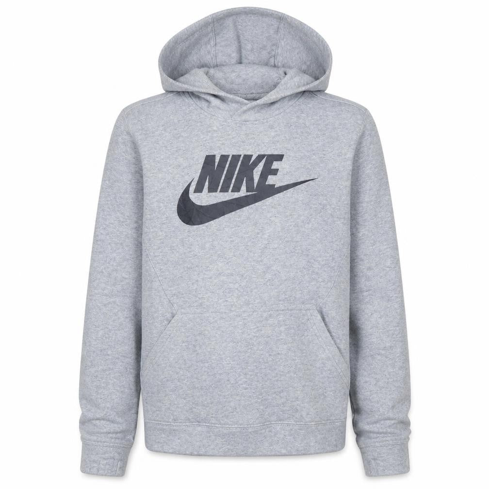 Front view of Nike boys’ grey xl pullover fleece hoodie with logo graphic print