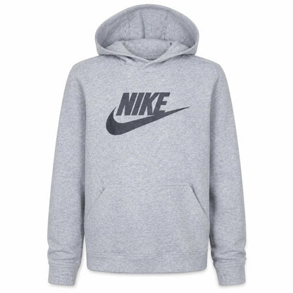 Front view of Nike boys’ grey xl pullover fleece hoodie with logo graphic print