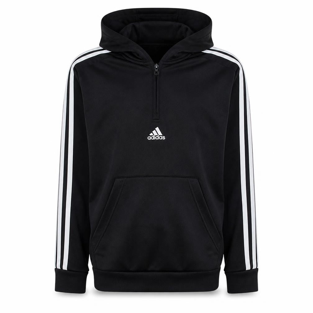 Front view of Adidas boys’ black 13-14 years pullover hoodie with 1/4 zip & logo