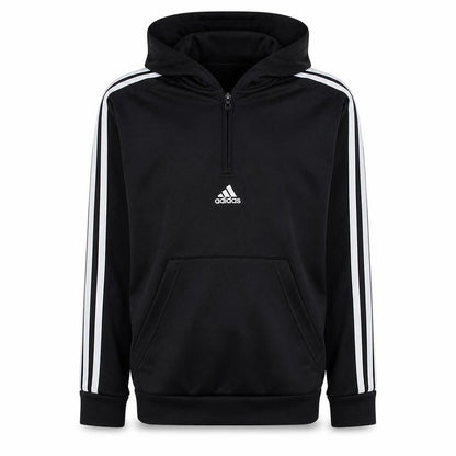 Front view of Adidas boys’ black 13-14 years pullover hoodie with 1/4 zip & logo