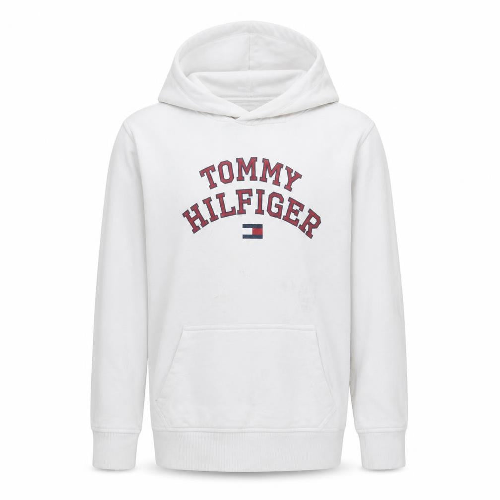 Front view of Tommy Hilfiger boys’ white pullover hoodie, size 176, logo hooded sweatshirt
