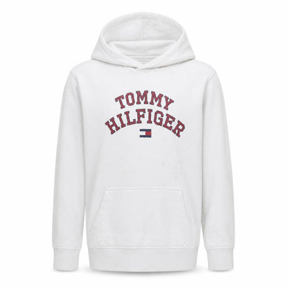 Front view of Tommy Hilfiger boys’ white pullover hoodie, size 176, logo hooded sweatshirt