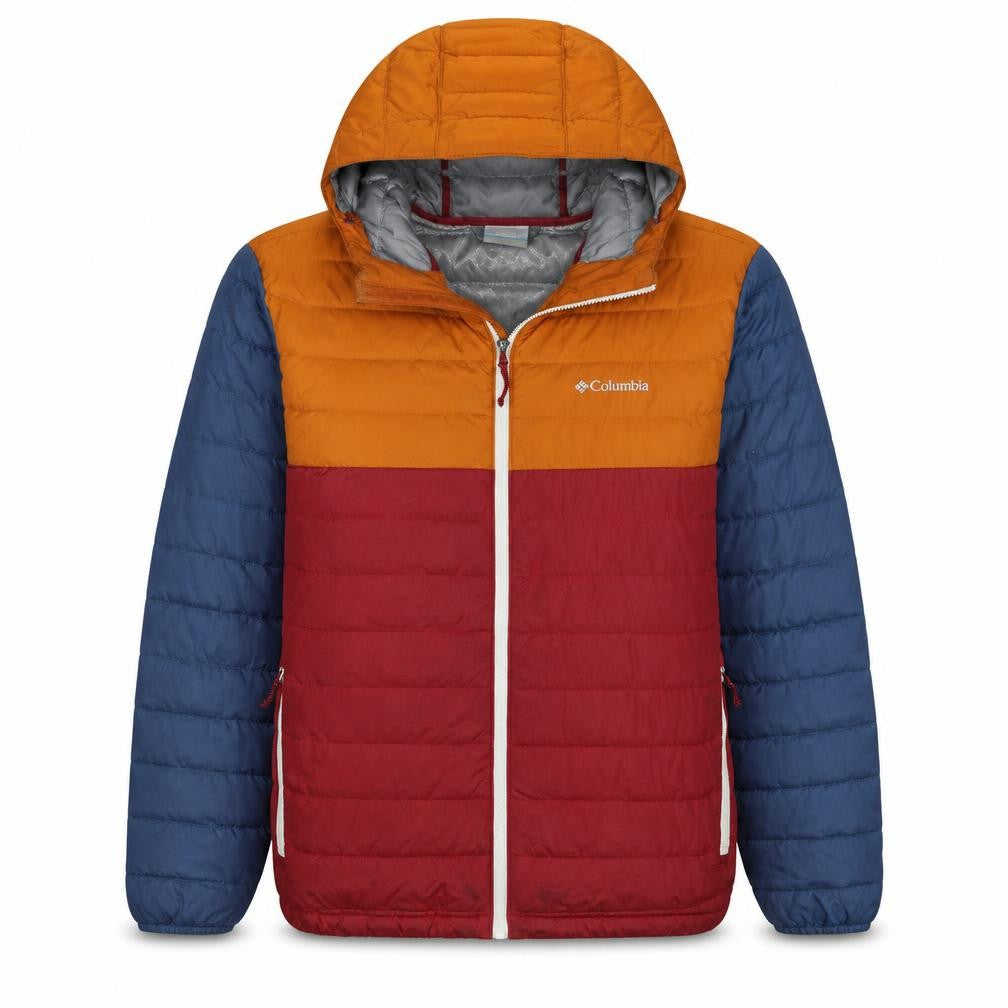 Front view of Columbia boys’ multicoloured xl puffer jacket hooded lightweight water resistant