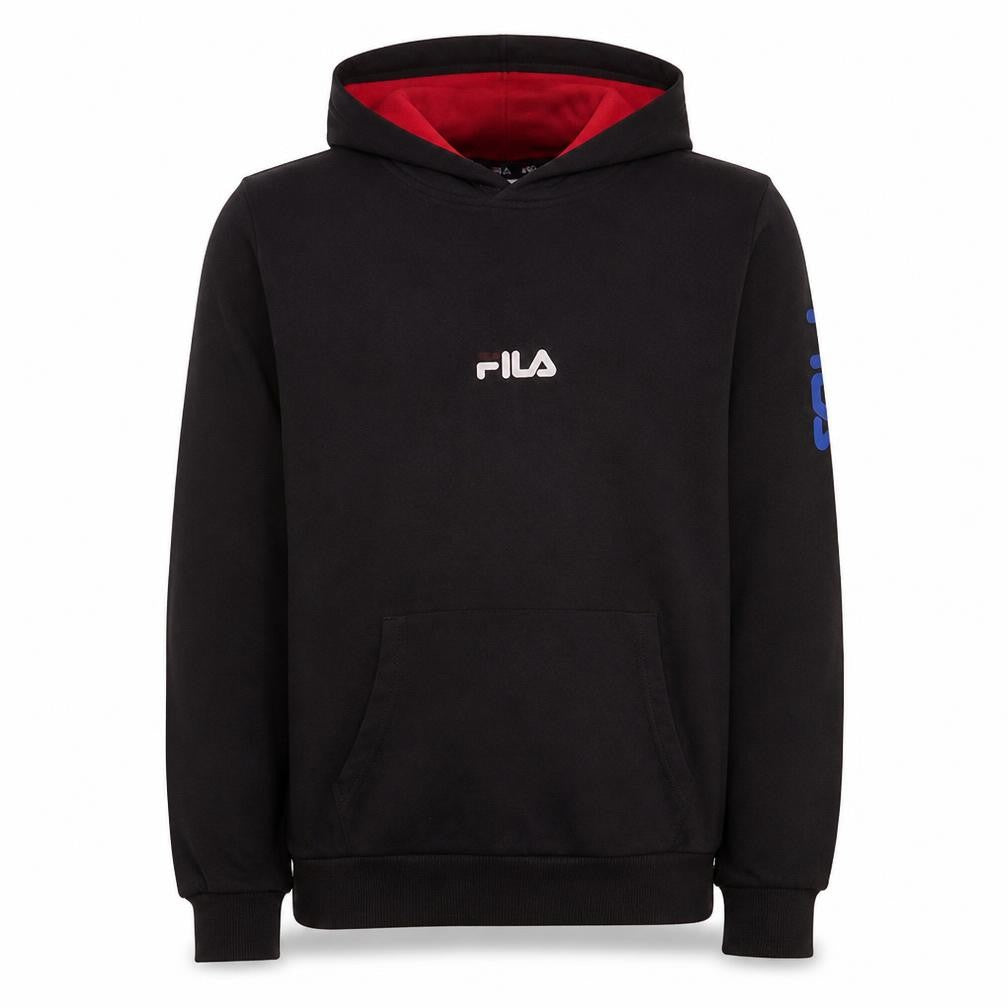 Front view of Fila boys’ black pullover hoodie 13-14 years logo print cotton blend