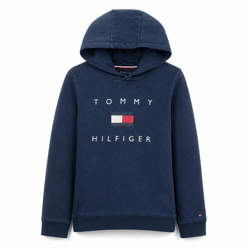 Front view of Tommy Hilfiger boys’ navy blue pullover hoodie 176 cotton logo print