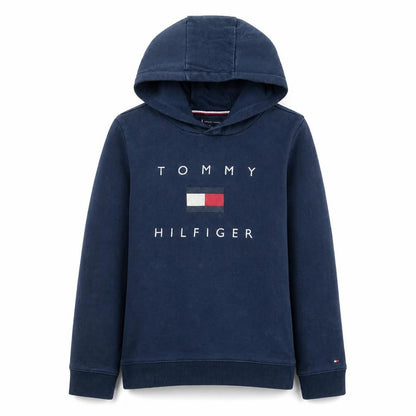 Front view of Tommy Hilfiger boys’ navy blue pullover hoodie 176 cotton logo print
