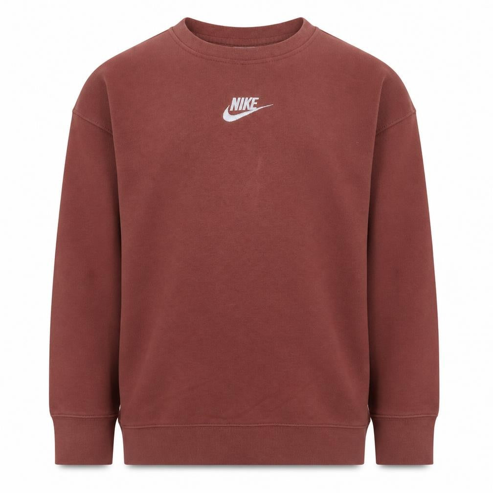 Front view of Nike girls’ brown fleece pullover sweatshirt 10 years crew neck logo