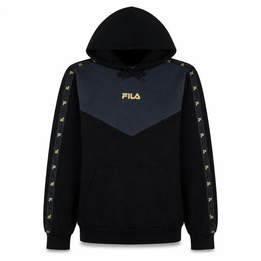 Front view of Fila women’s black large pullover hoodie with logo and tape detail