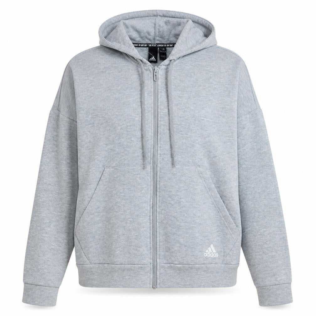 Front view of Adidas women’s grey full zip hoodie, size S, classic hooded sweatshirt