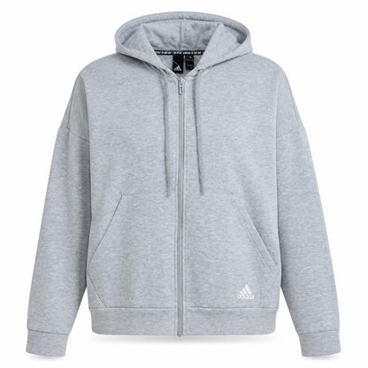 Front view of Adidas women’s grey full zip hoodie, size S, classic hooded sweatshirt