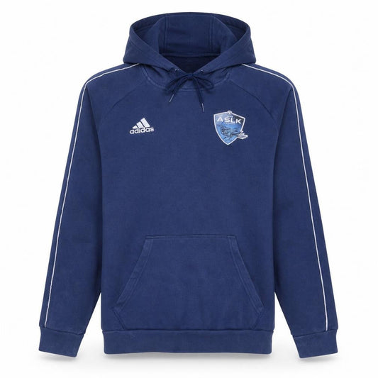 Front view of Adidas Men's Blue Pullover Hoodie Small Embroidered Sports Design