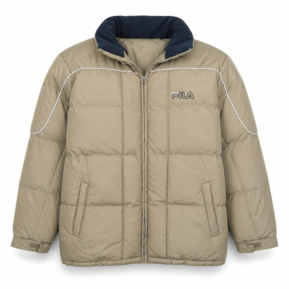 Front view of Fila Men's Beige XL Puffer Jacket Nylon Winter Sports Coat