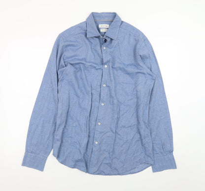Massimo Dutti Men's Blue Regular Fit Cotton Long Sleeve Shirt M