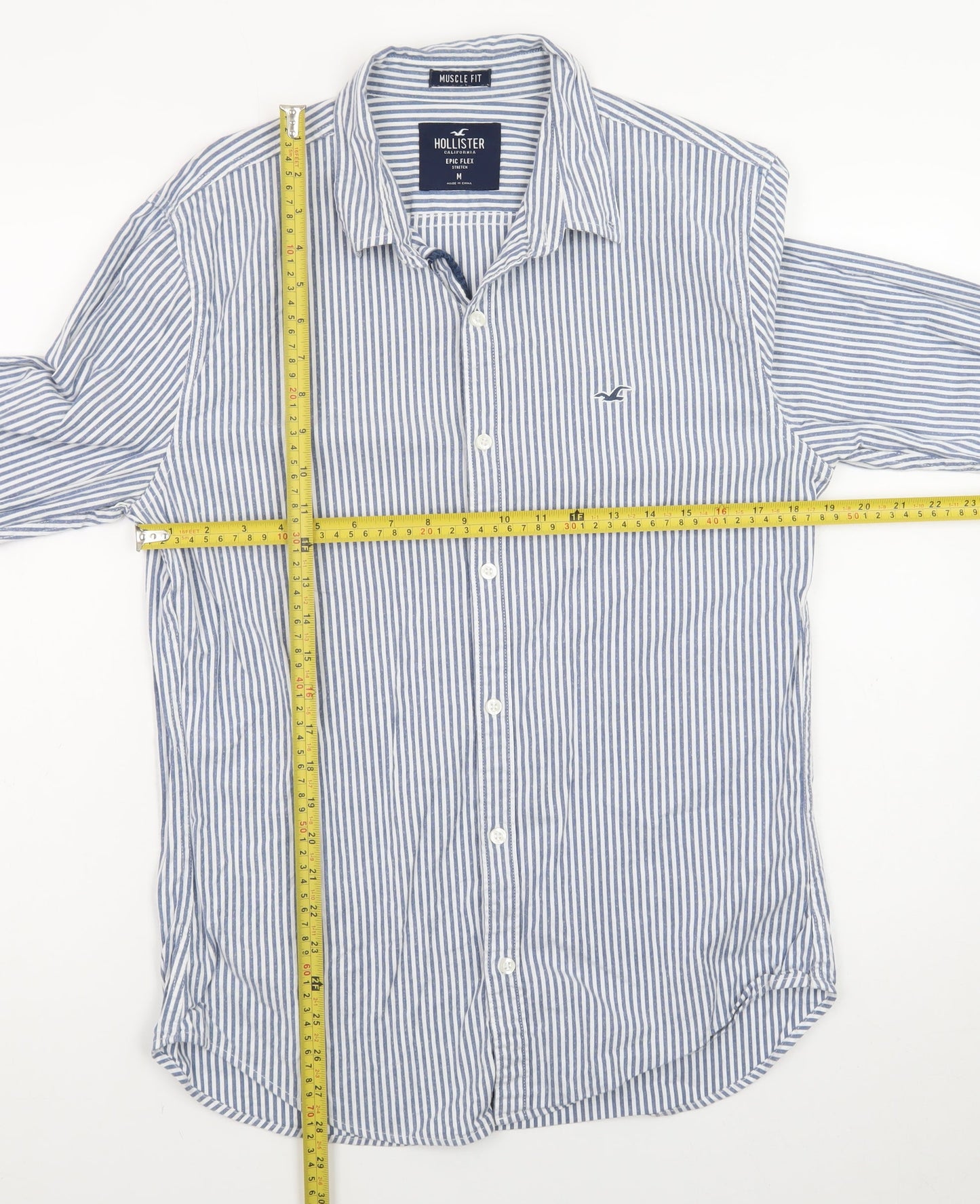 Hollister Men Blue White Striped Muscle Fit Long Sleeve Button-Up Shirt M