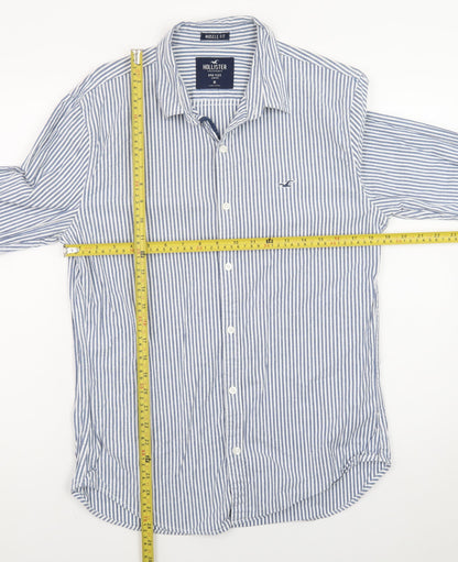 Hollister Men Blue White Striped Muscle Fit Long Sleeve Button-Up Shirt M