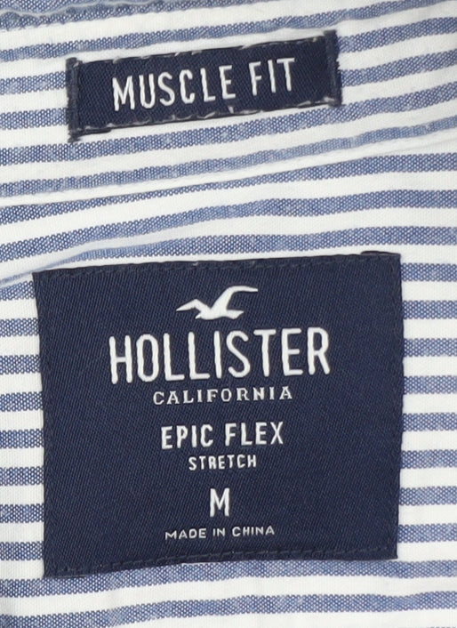 Hollister Men Blue White Striped Muscle Fit Long Sleeve Button-Up Shirt M