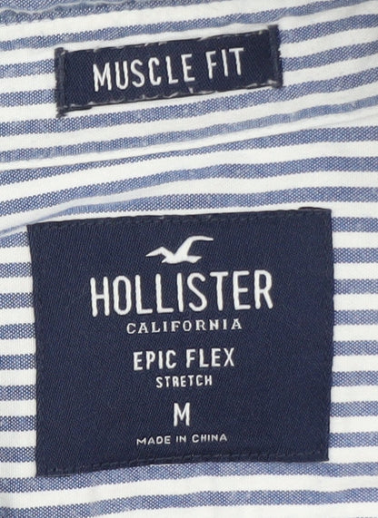 Hollister Men Blue White Striped Muscle Fit Long Sleeve Button-Up Shirt M