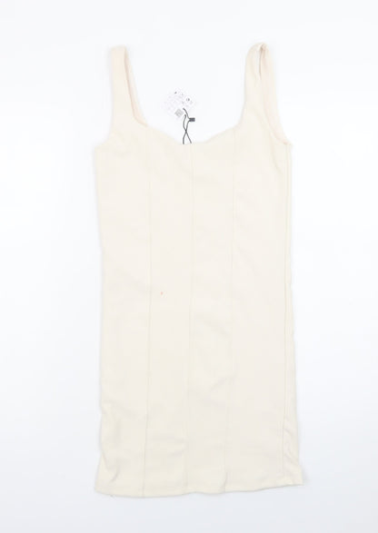 Stradivarius Women Ivory XS Bodycon Sleeveless Knit Short Dress