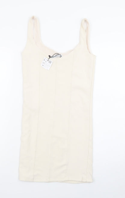 Stradivarius Women Ivory XS Bodycon Sleeveless Knit Short Dress