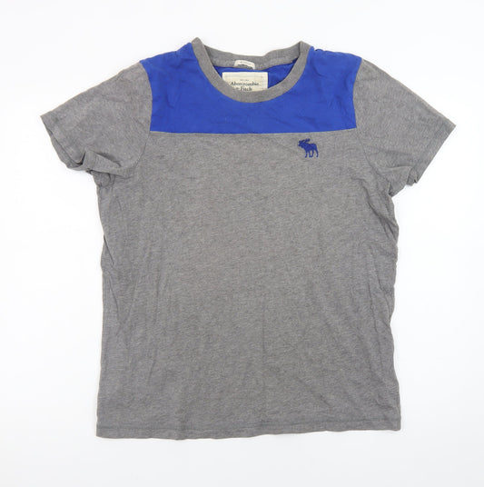 Abercrombie & Fitch Men's Grey Blue XL Crew Neck Colourblock T-Shirt