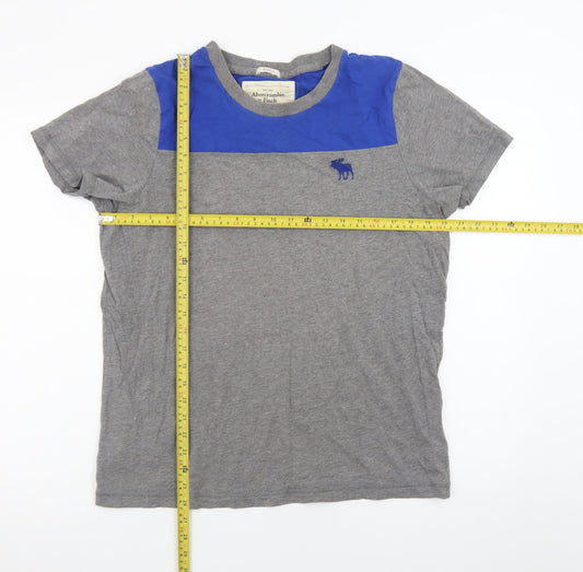 Abercrombie & Fitch Men's Grey Blue XL Crew Neck Colourblock T-Shirt