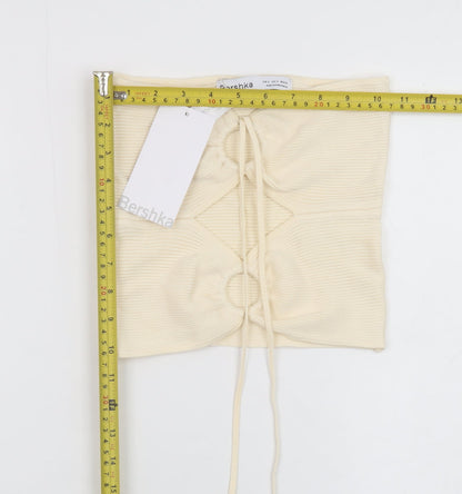 Bershka Women Beige Cropped Strapless Ribbed Tank Top Size S