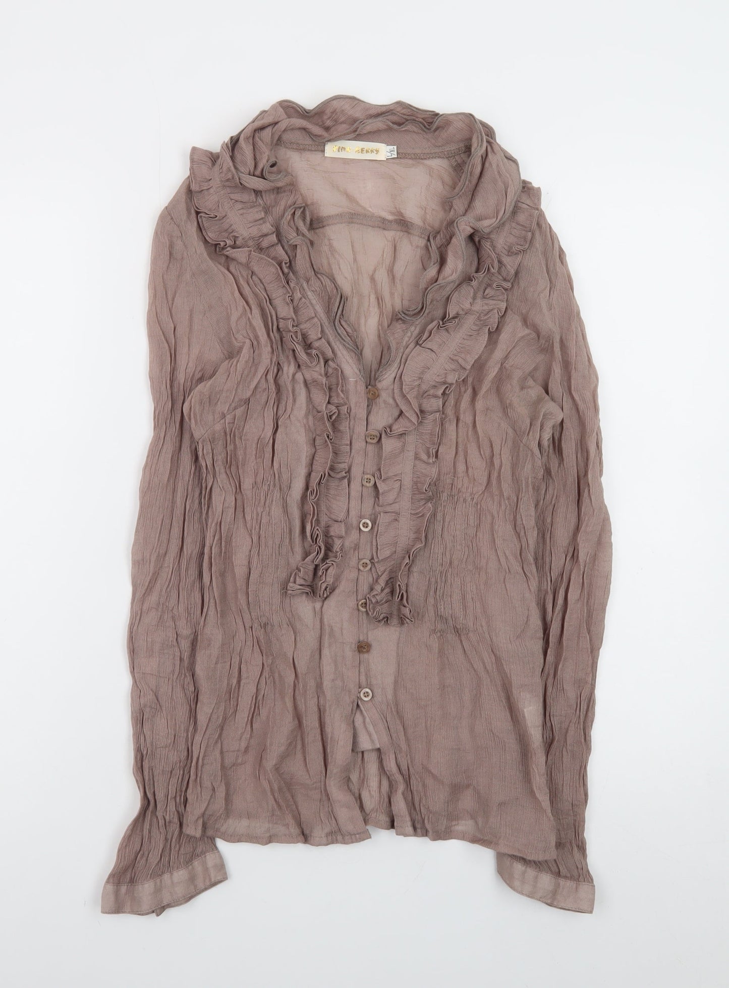 Pink Berry Women’s Brown Ruffle Long Sleeve Blouse L Cotton Blend