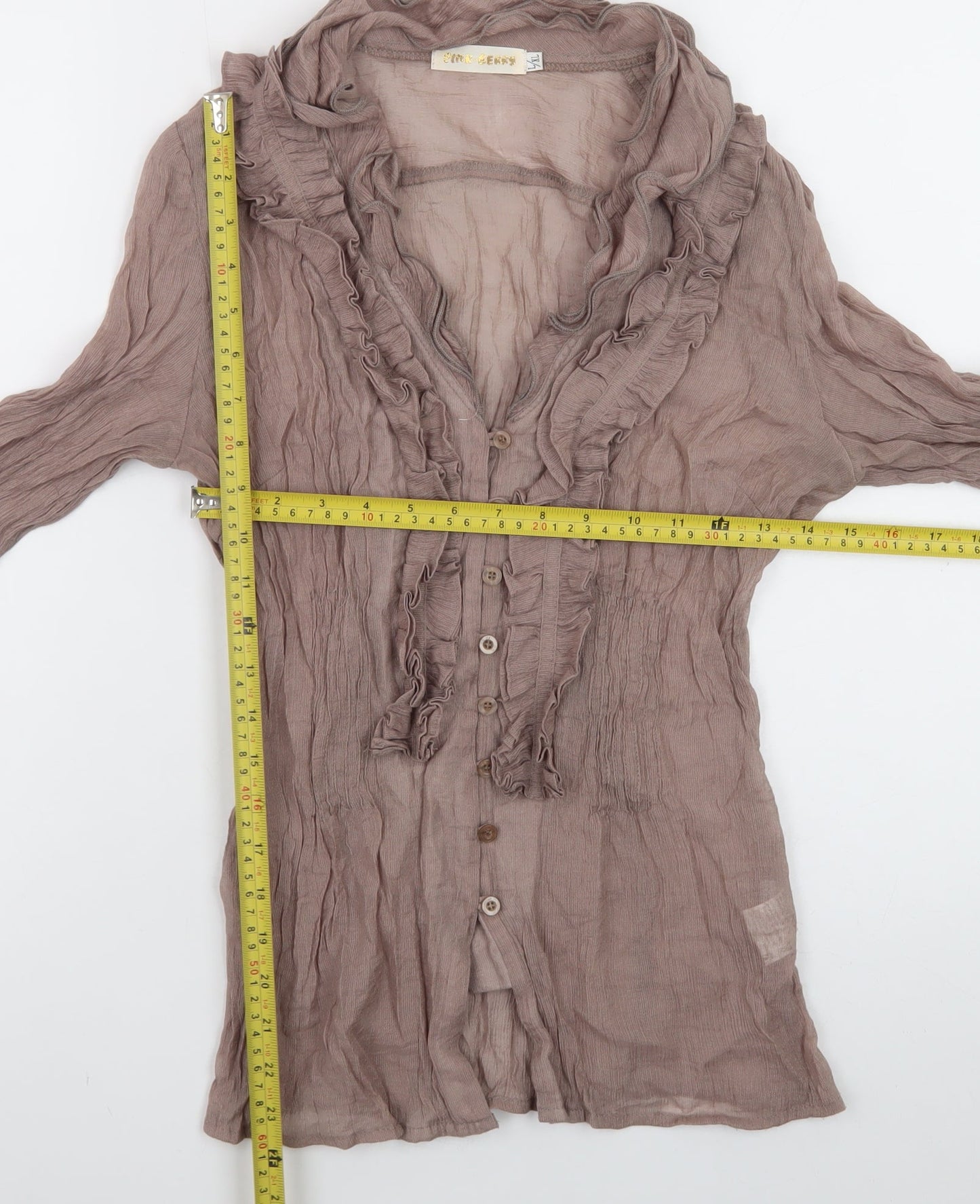 Pink Berry Women’s Brown Ruffle Long Sleeve Blouse L Cotton Blend