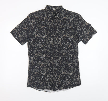 River Island Men's Black Paisley Muscle Fit Short Sleeve Shirt M
