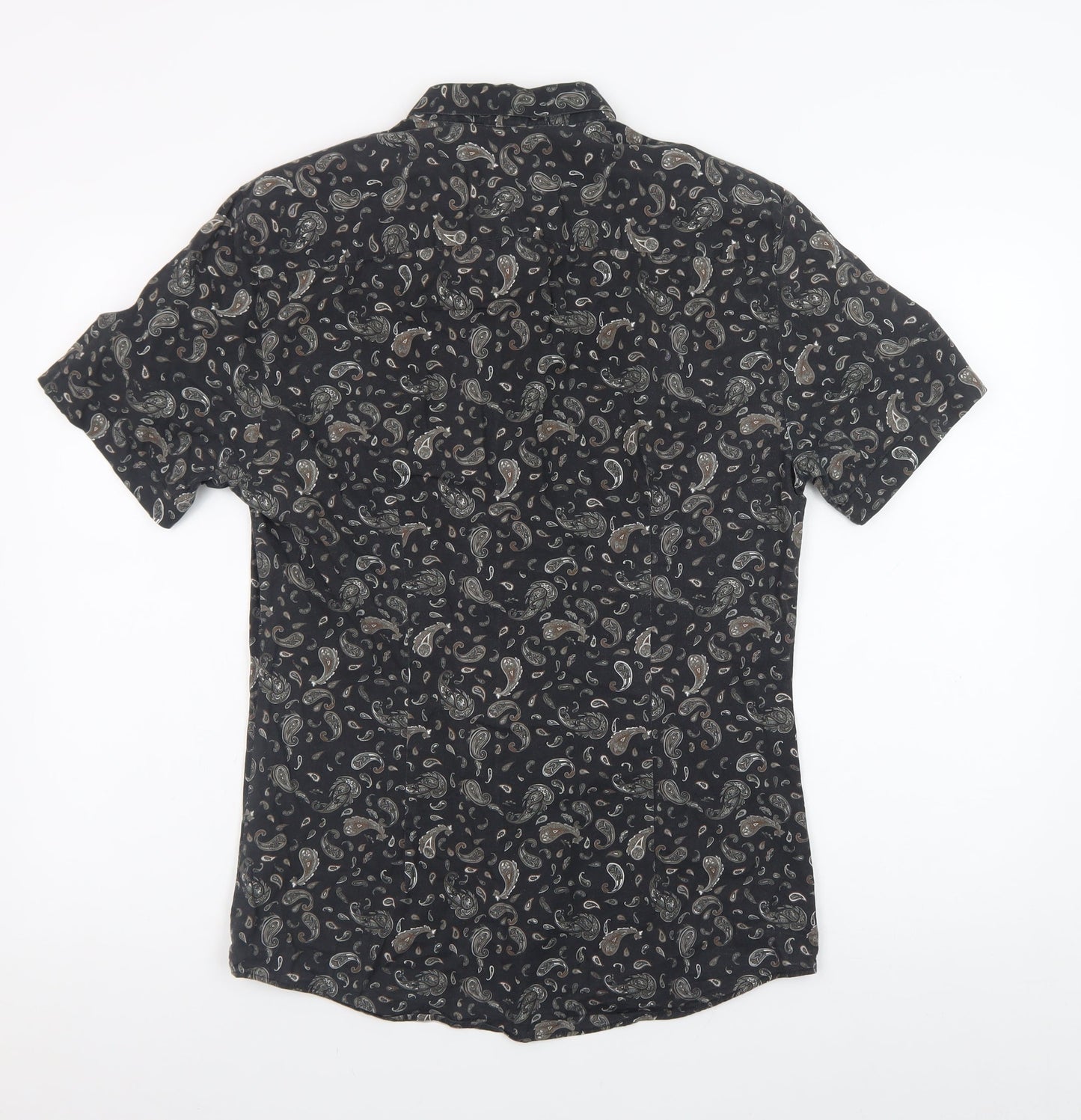 River Island Men's Black Paisley Muscle Fit Short Sleeve Shirt M