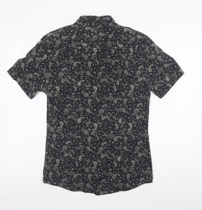 River Island Men's Black Paisley Muscle Fit Short Sleeve Shirt M