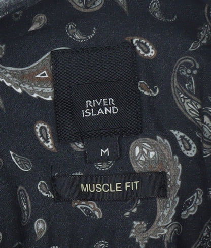 River Island Men's Black Paisley Muscle Fit Short Sleeve Shirt M