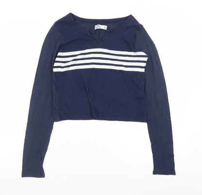 Hollister Womens Blue Striped Cropped Long Sleeve V-Neck T-Shirt XS