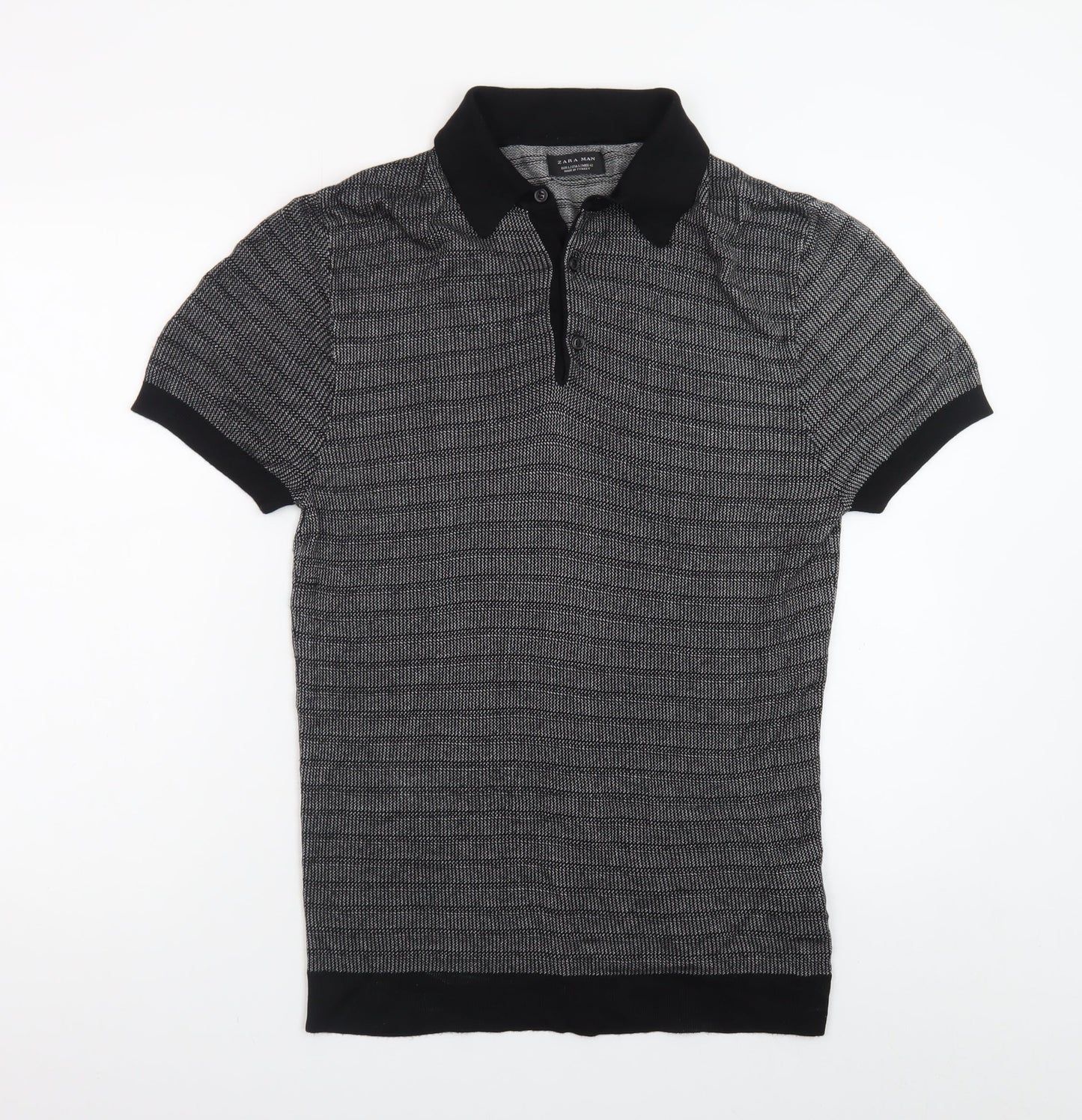 Zara Man Black Geometric Knit Polo Shirt Men's Size L