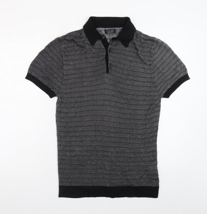 Zara Man Black Geometric Knit Polo Shirt Men's Size L