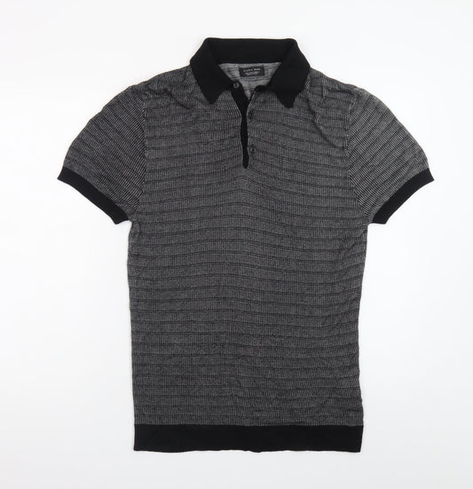 Zara Man Black Geometric Knit Polo Shirt Men's Size L