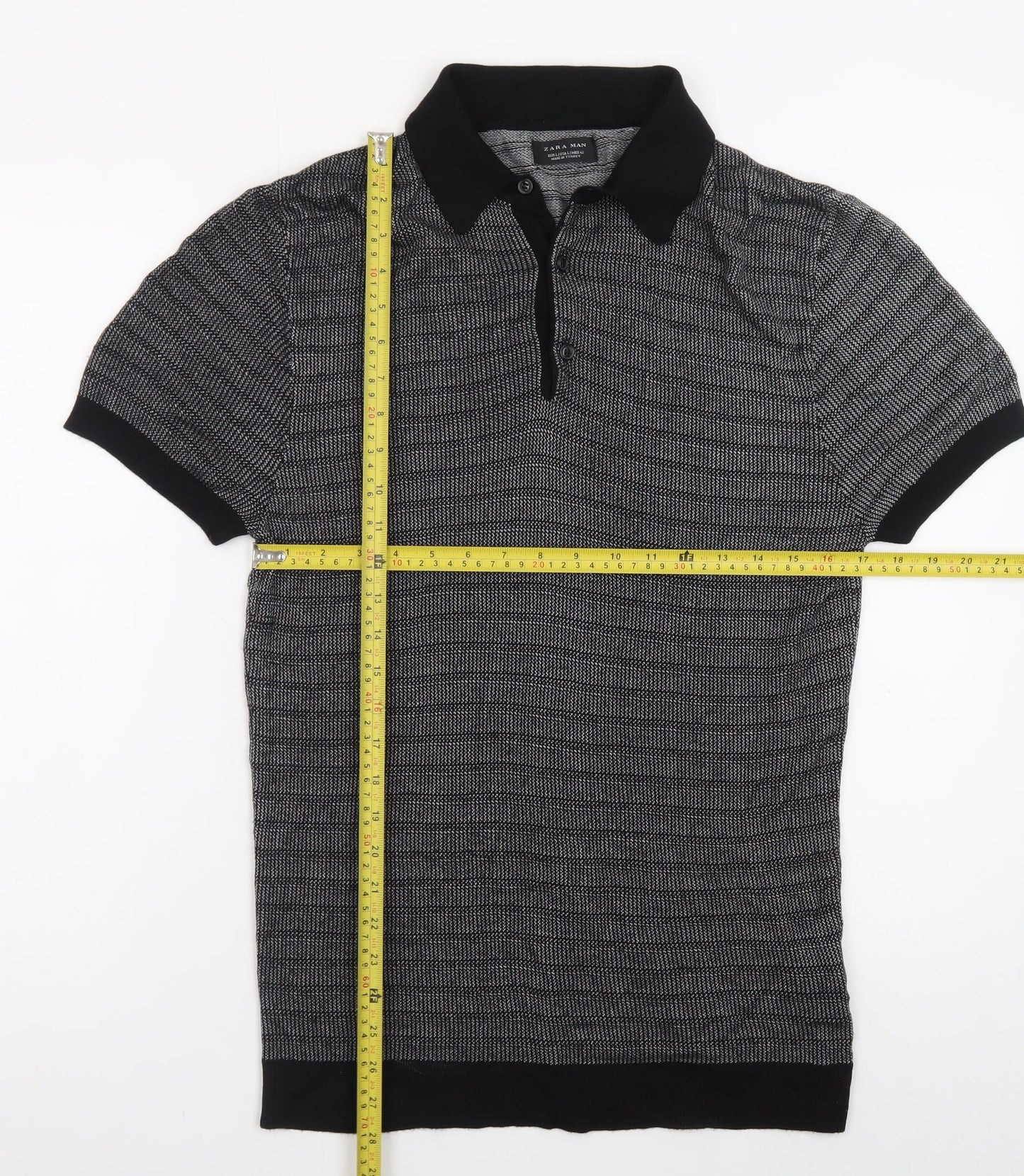 Zara Man Black Geometric Knit Polo Shirt Men's Size L